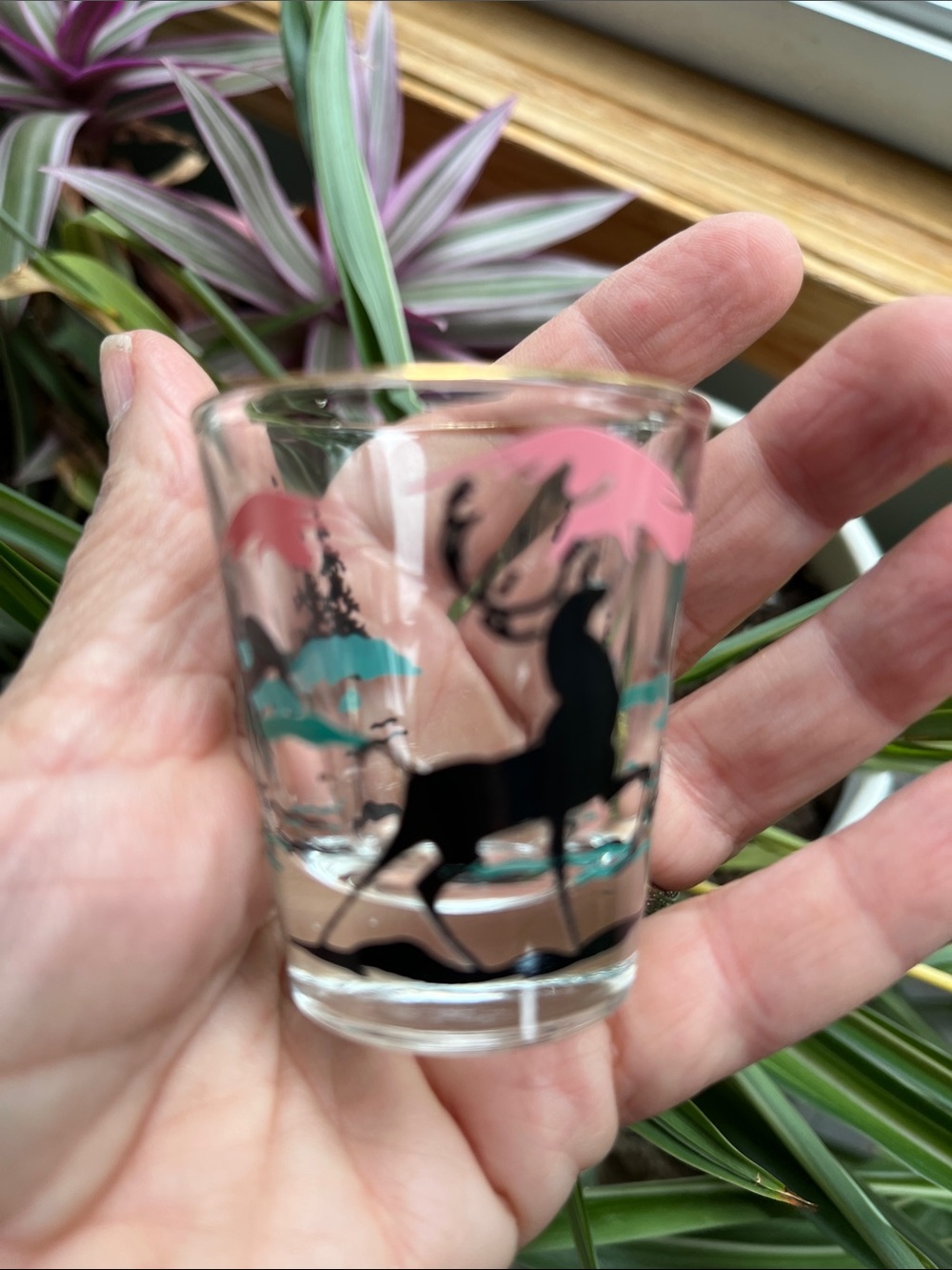 4 Vtg Shot Glasses Deer Stag Woods Gold Rim Pink Green Black MCM Bar Ware *READ*